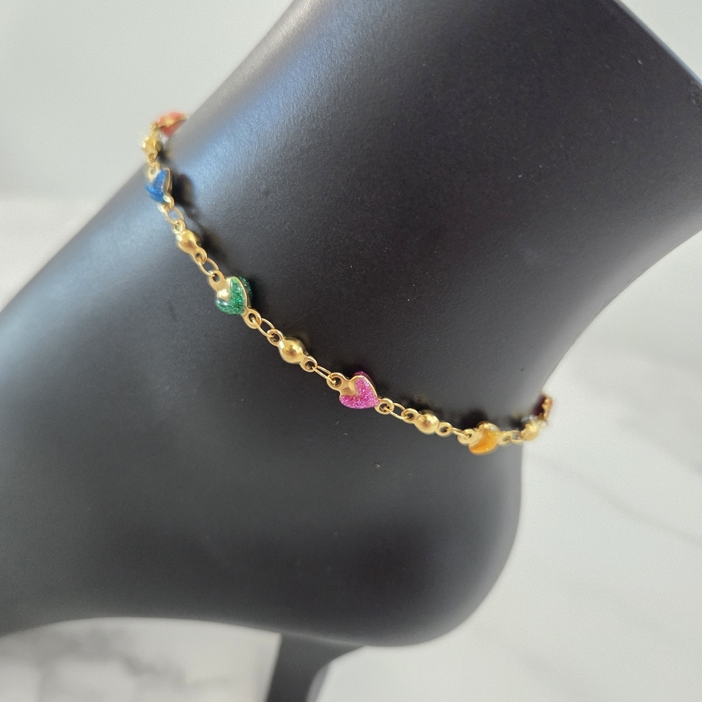 Adjustable 18k Gold Plated Anklet with Colorful Heart Charms - Picture 3 of 12